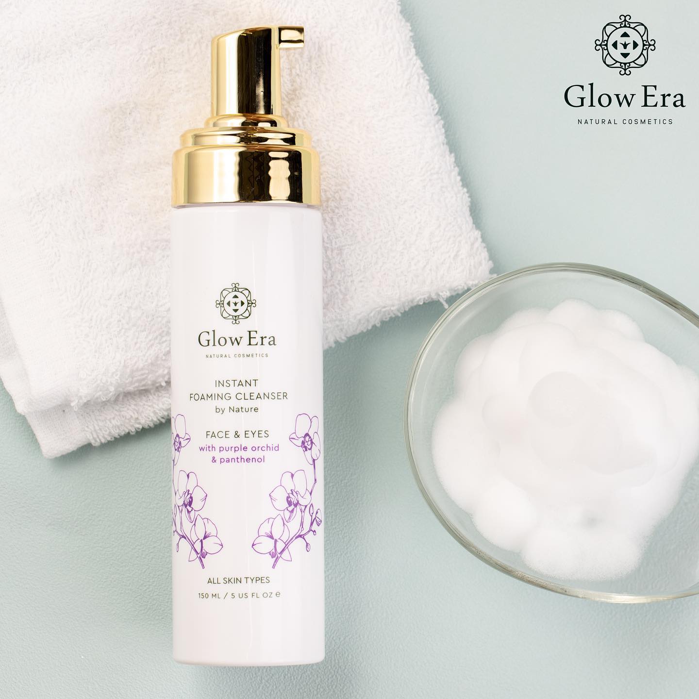 Aφρός Καθαρισμού Glow Era, Πρόσωπο και Μάτια με Μωβ Ορχιδέα, φυσική σύνθεση 98,8%, 150ml
